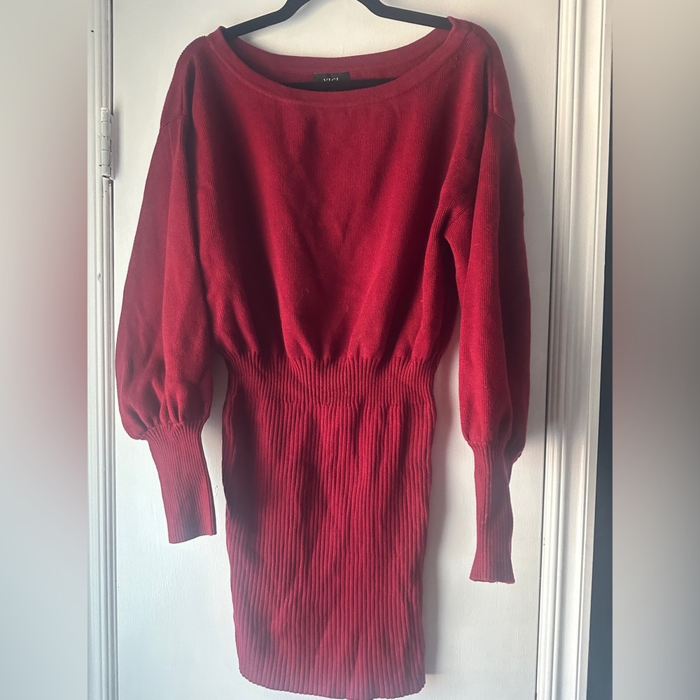 VICI Red Ribbed Knit Sweater Dress Balloon Sleeves Size Large